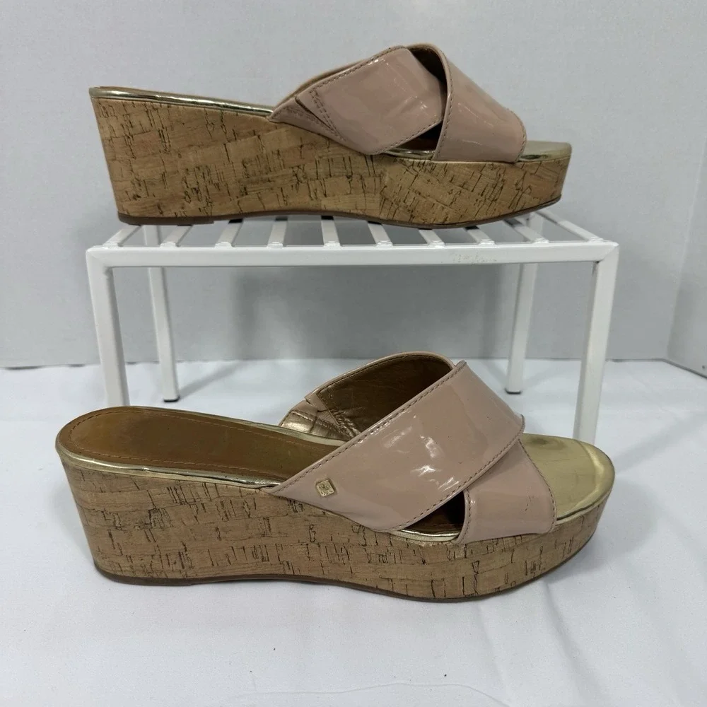 Sam & Libby Womens 10 Pink Beige Criss Cross‎ Cork Wedge Sandal Summer Wedding